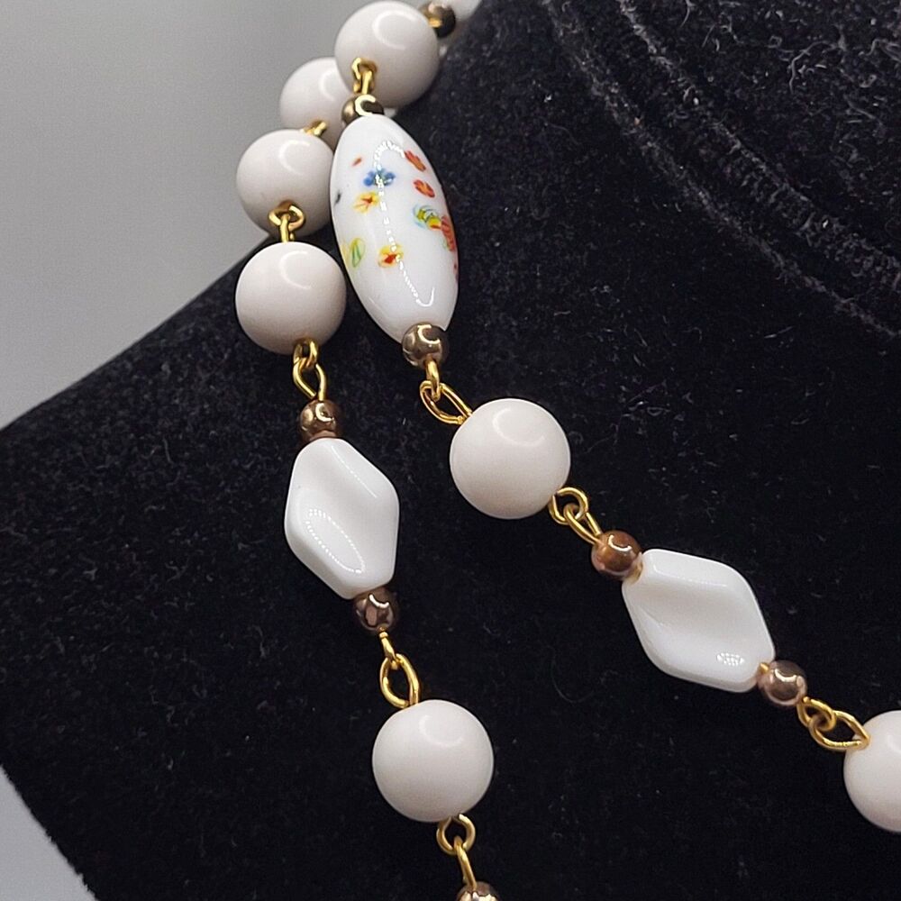 Vintage 1950s Japanese Millefiori Milk Glass Extra Long Necklace 30in